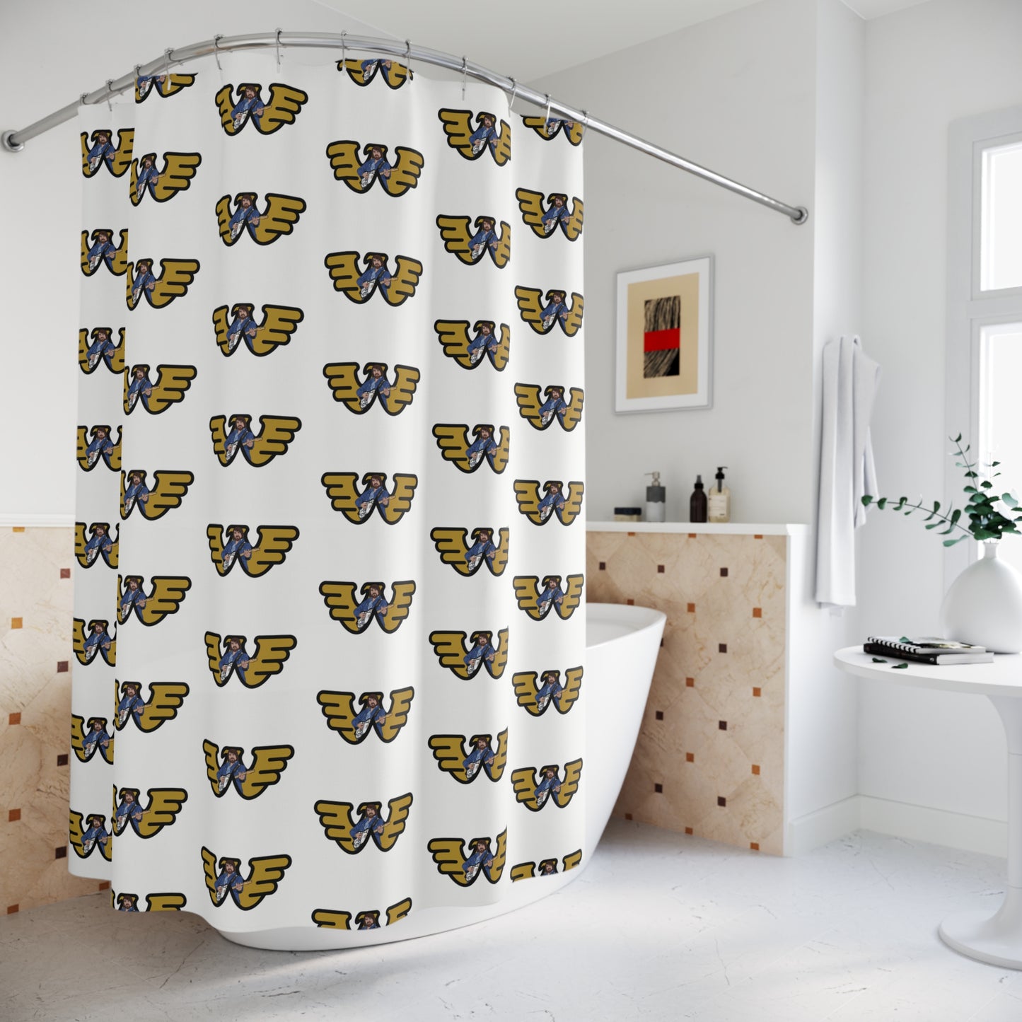 Waylon Jennings Pattern Shower Curtain — Minimalist Gold & Navy Repeating Design