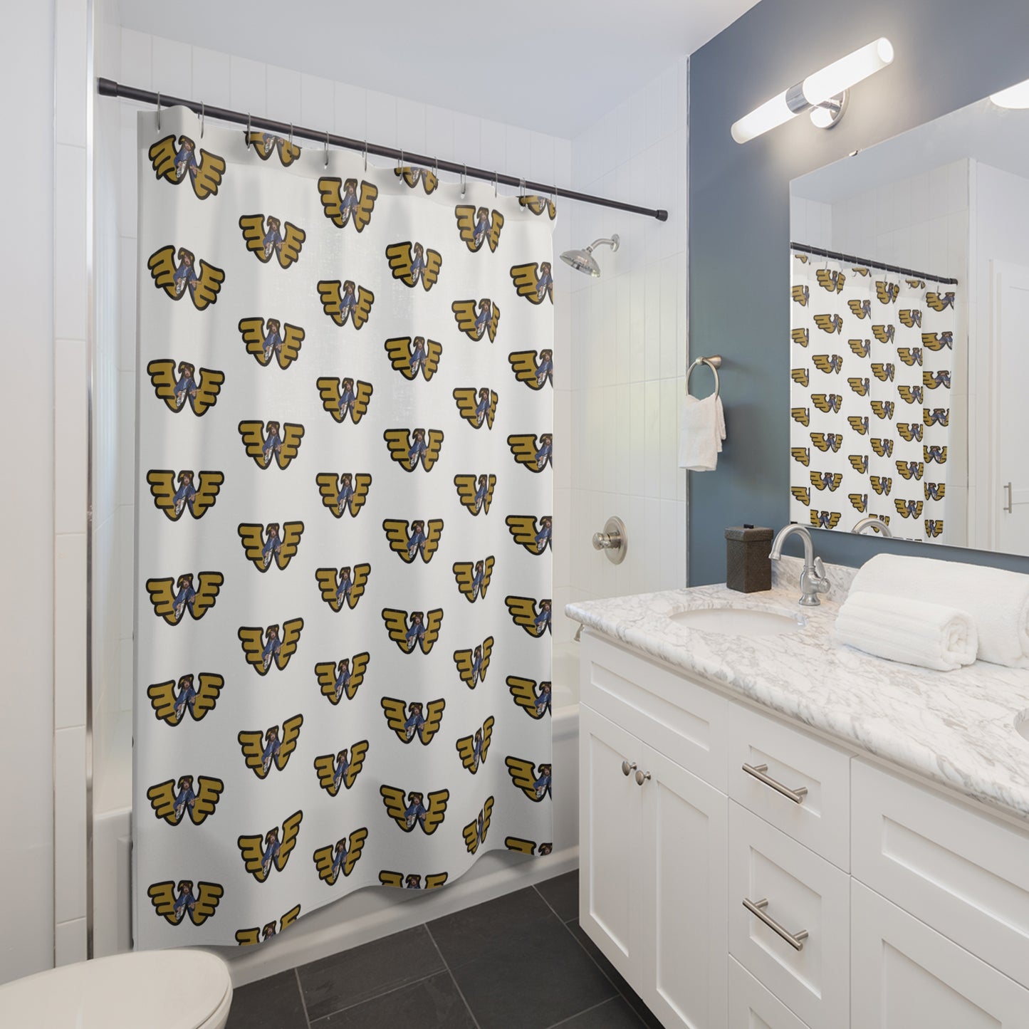 Waylon Jennings Pattern Shower Curtain — Minimalist Gold & Navy Repeating Design