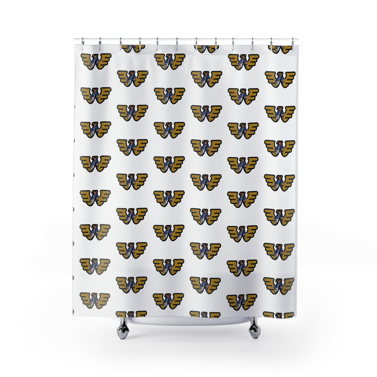 Waylon Jennings Pattern Shower Curtain — Minimalist Gold & Navy Repeating Design